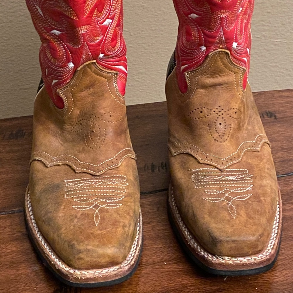 Big Bull red black tan hand tooled leather boots